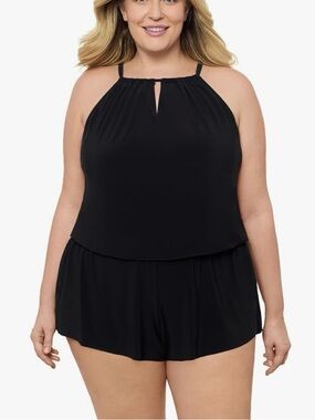Aqua Green Women’s Black Keyhole Blouson Slimming Swim Romper With Pockets